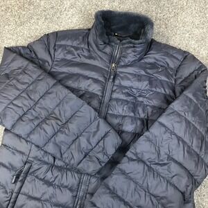 Heat Keep Womens Large Navy Blue Quilted Puffer Jacket Faux Fur Lined‎ Full Zip